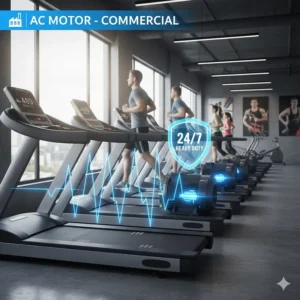 High-performance AC motor treadmills lined up in a professional gym capable of running 24/7.