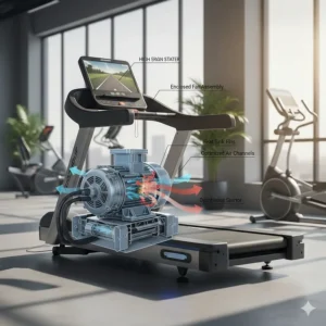 Technical illustration of the self-cooling mechanism in an AC motor treadmill to prevent overheating during 24/7 operation.