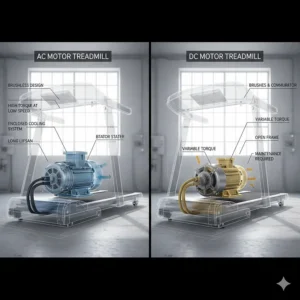 Comparison diagram showing the internal components of an AC motor treadmill versus a standard DC motor model.
