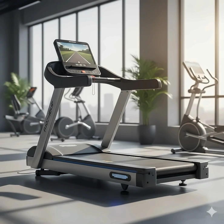 A high-performance commercial AC motor treadmill designed for heavy-duty gym use and long-distance running.