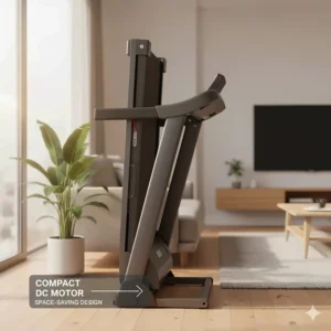 A folded treadmill highlighting how the compact DC motor allows for a space-saving design.