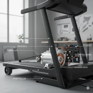 Detailed diagram showing the placement of a DC motor inside a treadmill frame.