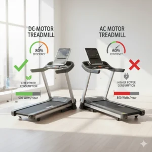 Infographic comparing the low power consumption of a DC motor treadmill vs AC models.