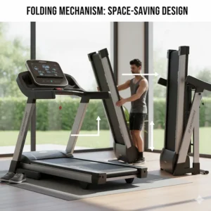 A step-by-step illustration of a folding motorized treadmill being stored vertically to save floor space.