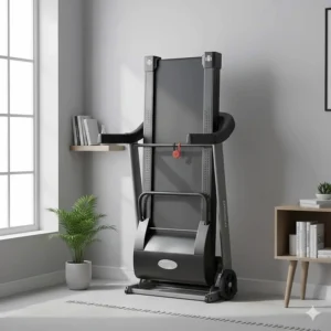 Compact folding motorized treadmill stored vertically against a wall in a small apartment.