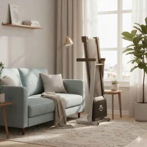 A compact folding DC motor treadmill stored in a small apartment living room.