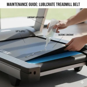 A visual guide showing the correct method for applying silicone lubricant under the belt of a motorized treadmill.