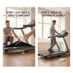 Step-by-step guide showing where to lubricate a DC motor treadmill belt for longevity.