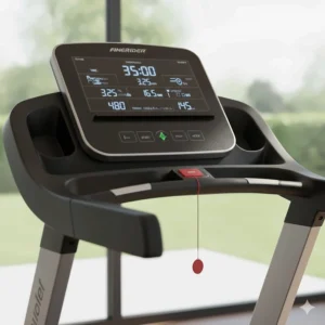 Close-up of a motorized treadmill LCD console highlighting speed controls, incline buttons, and heart rate monitors.