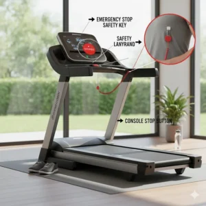 Diagram showing the placement and function of a safety emergency stop key on a motorized treadmill.