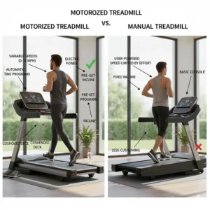 A comparison chart outlining the key differences in speed control and effort between a motorized treadmill and a manual model.