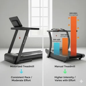 A graph comparing the higher calorie burn rate of a manual treadmill against the steady pace of a motorized treadmill.