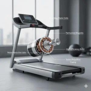 Illustration of a powerful yet silent brushless motor designed for home treadmills to minimize mechanical noise.