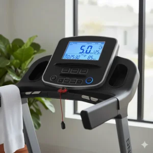 Close-up illustration of a budget motorized treadmill console featuring an LCD screen, heart rate sensors, and speed controls.