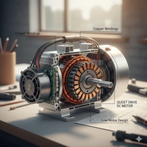 Close-up internal view of a quiet DC motor used in budget-friendly treadmills.