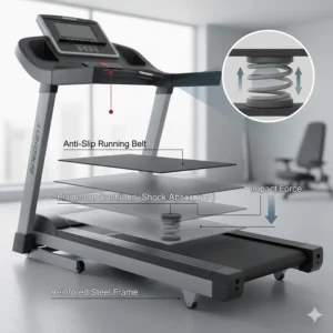Diagram of a treadmill running deck showing shock absorption layers for joint protection.