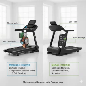 An infographic showing the complex internal components of a motorized treadmill versus the simpler belt design of a manual treadmill.
