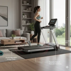 A noise-dampening rubber mat placed under a motorized treadmill to prevent floor vibrations in a home setting.