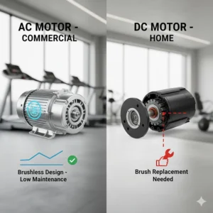 Illustration showing the brush replacement needs of a DC motor versus the brushless, low-maintenance design of an AC motor.