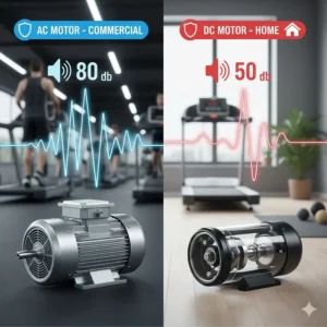 An infographic comparing the quiet operation of a DC motor treadmill against the louder power of an AC motor.