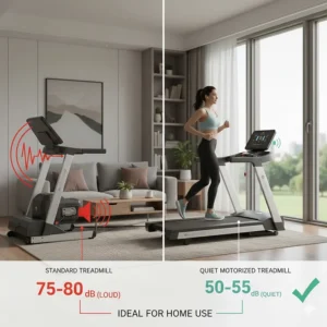Infographic comparing the decibel levels of a standard treadmill versus a quiet motorized treadmill for home.