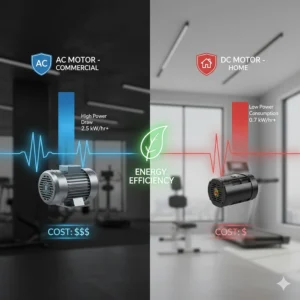 A chart showing the energy efficiency of a DC motor treadmill for home use versus the higher power draw of an AC motor.
