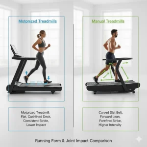 Diagram illustrating the difference in running posture and foot strike on a curved manual treadmill versus a flat motorized treadmill.