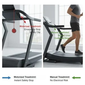 Illustration of an emergency stop safety key on a motorized treadmill compared to the natural stopping motion of a manual belt.