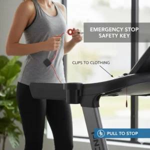 Graphic showing the emergency stop safety key and clip on a motorized treadmill under $500.