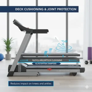 Diagram highlighting the shock absorption and cushioning system on a motorized treadmill under $500 to protect joints.