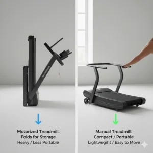 A comparison showing a compact manual treadmill and a folding motorized treadmill for small spaces.