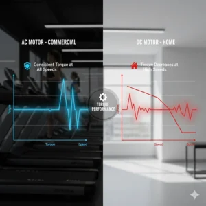 A graph illustrating how an AC motor maintains consistent torque at high speeds compared to a DC motor.