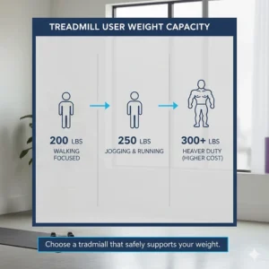 Icon-based illustration showing the maximum user weight capacity for different motorized treadmills under $500.