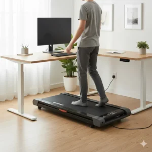 A low-profile, quiet motorized treadmill used under a standing desk for a silent home office workout.