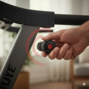 Illustration of a tension knob on a manual treadmill used to adjust resistance levels for senior strength training.