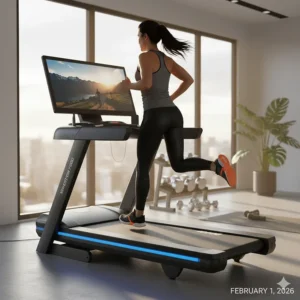 A professional runner performing a high-speed sprint on a high performance treadmill to demonstrate stability at top speeds.