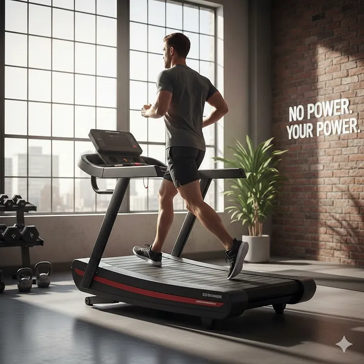 A sleek, curved self-powered treadmill positioned in a modern home gym, showcasing its motorless design and ergonomic running surface. self powered treadmill