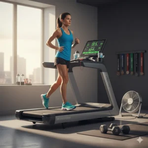 A professional runner training for a marathon on a high-end treadmill with a large display showing long-distance stats.
