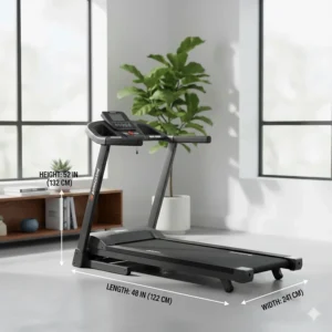 A diagram showing the small footprint and dimensions of a manual treadmill designed for small apartments.