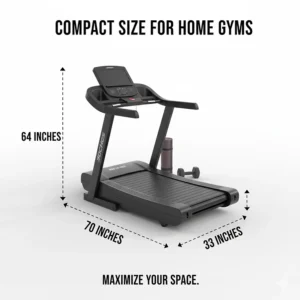 Scaled illustration showing the footprint and height dimensions of a compact self-powered treadmill for a small workout space.
