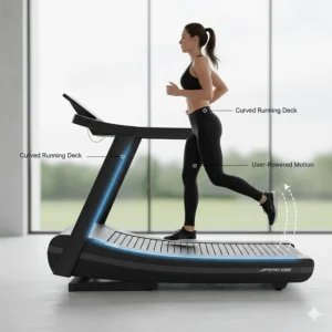 Illustration showing the ergonomic curve of a self-powered treadmill deck designed for natural running form.