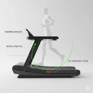 Diagram showing the ergonomic arc of a curved treadmill for HIIT training and natural stride alignment.