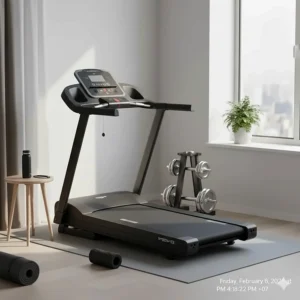 A minimalist illustration of a curved treadmill integrated into a compact home workout space.