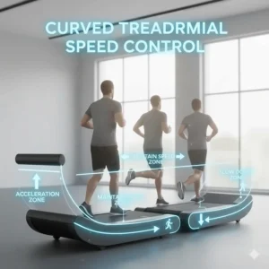 Diagram showing the speed zones of a curved treadmill: accelerate at the front, maintain in the center, and slow down at the rear.