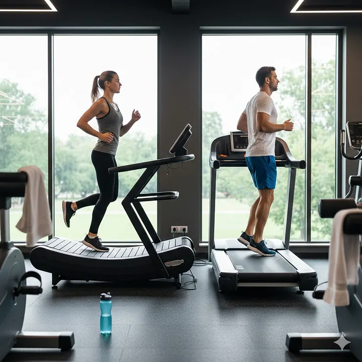 A side-by-side comparison of a runner on a non-motorized curved treadmill and a runner on a traditional motorized flat treadmill in a gym setting. curved treadmill vs flat treadmill