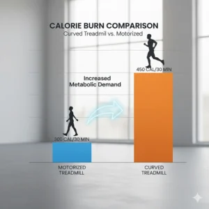 A chart comparing the higher metabolic demand and calorie burn of a curved treadmill compared to motorized versions.