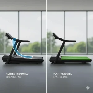 Diagram showing the ergonomic curve of a manual treadmill compared to the level running surface of a flat treadmill.