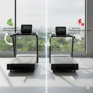 Icon-based illustration showing an electric treadmill plugged into an outlet versus a cordless self-powered machine.