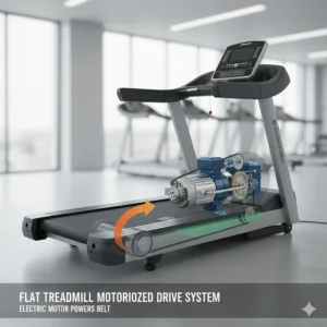 Internal view of a traditional flat treadmill highlighting the motor and belt drive system.