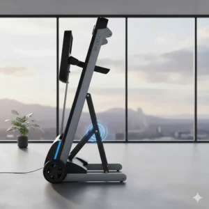 A high performance treadmill in its folded upright position showing easy-transport wheels for home storage.